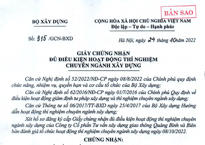 GIÁY CHỨNG NHẬN ĐỦ ĐIỀU KIỆN HOẠT ĐỘNG THÍ NGHIỆM CHUYÊN NGÀNH XÂY DỰNG