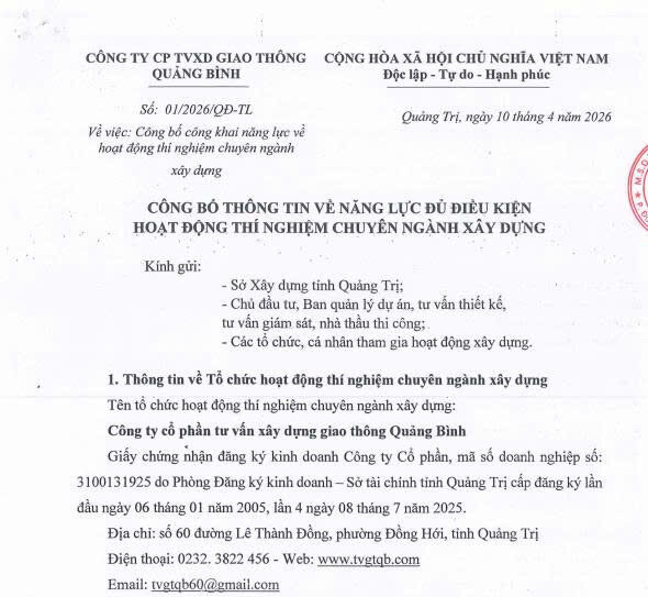 VĂN BẢN CÔNG BỐ THÔNG TIN VỀ NĂNG LỰC ĐỦ ĐIỀU KIỆN HOẠT ĐỘNG THÍ NGHIỆM CHUYÊN NGÀNH XÂY DỰNG